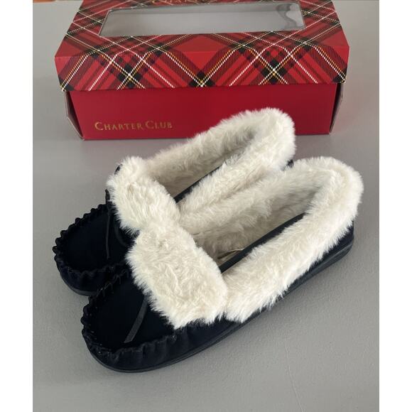 Chart Club Slippers Womens 6 Leather & Faux Fur Slip On Mocs Navy Blue - Picture 2 of 9